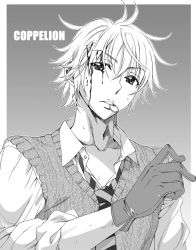 Rule 34 | 1boy, bad id, bad pixiv id, blood, blood on face, coppelion, copyright name, gloves, gradient background, greyscale, hanzaki jirou, kurosawa haruto, male focus, monochrome, necktie, sleeves rolled up, solo, striped necktie, striped neckwear, sweater vest, upper body