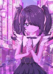Rule 34 | 1girl, absurdres, ame-chan (needy girl overdose), black hair, black nails, black ribbon, black skirt, blush, building, collar, collared shirt, hair ornament, hair over one eye, hair tie, hairclip, highres, holding own wrist, long hair, looking at viewer, milon cas, multicolored nails, neck ribbon, needy girl overdose, outdoors, pastel colors, red nails, red shirt, ribbon, road, shirt, shirt tucked in, skirt, solo, sparkle, standing, street, suspender skirt, suspenders, twintails, white collar, x hair ornament