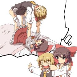Rule 34 | &gt; &lt;, 2girls, = =, ascot, bare shoulders, black legwear, blonde hair, bow, detached sleeves, closed eyes, female focus, hair bow, hair ribbon, hair tubes, hakurei reimu, hihachi, imagining, mouth pull, multiple girls, outstretched arms, ribbon, rumia, short hair, smile, socks, spread arms, surfboard (wrestling), tears, teeth, thought bubble, touhou, white background, wrestling