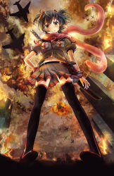 Rule 34 | 1girl, aircraft, airplane, alternate hair color, alternate hair length, alternate hairstyle, black eyes, black hair, black thighhighs, character request, explosion, from below, hair ornament, hatsune miku, highres, katana, keepout, looking at viewer, looking down, navel, pigeon-toed, pleated skirt, scarf, skirt, smile, solo, soramu, sword, thighhighs, two side up, vocaloid, weapon, wind, zettai ryouiki