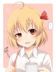 Rule 34 | ..., 1girl, ahoge, blonde hair, bow, collarbone, cup, hair bow, half-closed eye, highres, holding, holding cup, looking at viewer, mug, naname ushiro, pink background, red bow, red eyes, rumia, short hair, simple background, sleepy, solo, spoken ellipsis, toothbrush, toothpaste, touhou, upper body