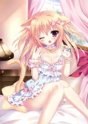 Rule 34 | 1girl, ;&lt;, absurdres, animal ears, bare shoulders, bell, blonde hair, bottle, bow, bracelet, breasts, cat ears, choker, cleavage, cream, curtains, dress, fang, hair between eyes, hair bow, heart, highres, himemiya niina, holding, jewelry, knees together feet apart, lamp, long hair, looking at viewer, medium breasts, milk bottle, non-web source, one eye closed, open mouth, original, pillow, pink bow, pink curtains, plant, purple eyes, scan, sitting, solo, table, tail, wall, window