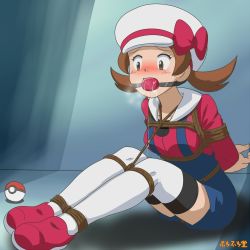 Rule 34 | 1girl, arms behind back, ball gag, bdsm, blush, breasts, brown eyes, brown hair, cabbie hat, creatures (company), gag, game freak, grey background, hat, hat ribbon, highres, indoors, looking at viewer, lyra (pokemon), nintendo, overalls, poke ball, pokemon, pokemon hgss, ribbon, rope, saliva, sitting, solo, thighhighs, twintails, wanderer (furafuradou)