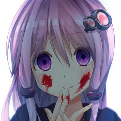 Rule 34 | 1girl, alternate hair length, alternate hairstyle, bad id, bad pixiv id, blood, blood on face, blood on hands, blush, chinomaron, closed mouth, fingernails, hair between eyes, hair ornament, hands up, head tilt, highres, long hair, looking at viewer, portrait, purple eyes, purple hair, simple background, smile, solo, vocaloid, voiceroid, yuzuki yukari