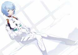 Rule 34 | 1girl, animal, animal on lap, ayanami rei, blue hair, bodysuit, breasts, cat, cat on lap, closed mouth, cofffee, hair between eyes, holding, holding animal, holding cat, interface headset, looking at viewer, medium breasts, neon genesis evangelion, on lap, pilot suit, plugsuit, red eyes, short hair, solo, white bodysuit, white cat, white theme