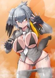 Rule 34 | 10s, 1boy, 1girl, absurdres, against glass, alternate breast size, bikini, black bikini, black gloves, black hair, blush, breast press, breasts, breasts on glass, chrom (chromium), chromwhite, clothes pull, collared shirt, covered erect nipples, glass, gloves, grey hair, grey shirt, head wings, highres, kemono friends, large breasts, long hair, looking at another, low ponytail, multicolored hair, navel, necktie, orange hair, pantyhose, pantyhose pull, shadow man (mega man), shiny skin, shirt, shoebill (kemono friends), short sleeves, side-tie bikini bottom, side ponytail, skindentation, solo focus, steam, sweat, swimsuit, tail, wings, yellow eyes