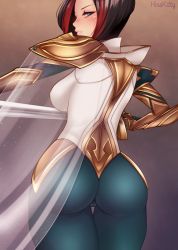 Rule 34 | 1girl, armor, ass, black hair, blue eyes, blush, breasts, cameltoe, cape, cleft of venus, covered erect nipples, fiora (league of legends), from behind, gauntlets, hina kitty, large breasts, league of legends, looking at viewer, looking back, multicolored hair, pants, parted lips, red hair, short hair, sideboob, smile, solo, sweatdrop, sword, tight clothes, tight pants, weapon, wide hips