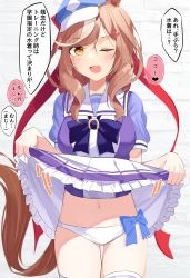Rule 34 | 1girl, absurdres, breasts, brown hair, clothes lift, commentary request, hat, highres, horse girl, looking at viewer, matikane tannhauser (umamusume), medium breasts, medium hair, one eye closed, open mouth, panties, school uniform, simple background, skirt, skirt lift, solo, tracen school uniform, translation request, umamusume, underwear, white panties, ya.yu., yellow eyes