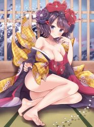 Rule 34 | 1girl, bare shoulders, black kimono, blush, breasts, cleavage, fate/grand order, fate (series), flower, full body, hair flower, hair ornament, hairpin, highres, indoors, japanese clothes, katsushika hokusai (fate), kimono, large breasts, looking at viewer, masayo (gin no ame), no panties, obi, off shoulder, purple eyes, purple hair, sash, sitting, solo