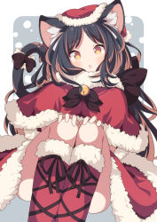 Rule 34 | 1girl, animal ear fluff, animal ears, bell, black bow, black hair, blush, boots, bow, brown eyes, brown hair, capelet, commentary request, daidai ookami, feet out of frame, fur-trimmed boots, fur-trimmed capelet, fur-trimmed headwear, fur-trimmed skirt, fur trim, highres, jingle bell, knees up, long hair, looking at viewer, multicolored hair, neck bell, original, parted lips, red capelet, red footwear, red headwear, red skirt, skirt, solo, streaked hair, tail, tail bow, tail ornament, very long hair
