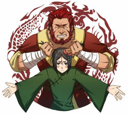 Rule 34 | 2boys, beard, black eyes, black hair, blush, chinese clothes, dragon, facial hair, fate/zero, fate (series), grabbing another&#039;s hair, hair ornament, iskandar (fate), lialli, male focus, multiple boys, outstretched arms, parted bangs, red hair, short hair, spread arms, two side up, waver velvet