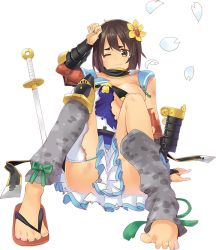 Rule 34 | 1girl, artist request, ass, barefoot, breasts, brown hair, feet, female focus, flower, full body, hair flower, hair ornament, hand on own head, lying, official art, one eye closed, oshiro project:re, oshiro project:re, petals, shoes, short hair, single shoe, sitting, solo, sword, tearing up, toes, torn clothes, transparent background, tsuruga (oshiro project), weapon, yellow eyes