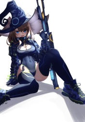 Rule 34 | 1girl, :d, absurdres, blue eyes, blue footwear, blue gloves, blue leotard, blue sleeves, blue thighhighs, breasts, brown hair, cleavage, commentary, covered navel, cross-laced footwear, english commentary, eunie (xenoblade), full body, garter straps, gloves, hat, highleg, highleg leotard, highres, holding, large breasts, large hat, leotard, light particles, long hair, long sleeves, looking at viewer, nithros, open mouth, shadow, shoes, simple background, sitting, smile, sneakers, solo, spread legs, symbol-shaped pupils, thighhighs, thighs, v-shaped eyebrows, white background, witch hat, xenoblade chronicles (series), xenoblade chronicles 3