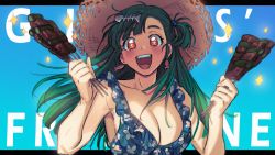 Rule 34 | 1girl, :d, blue background, blue one-piece swimsuit, blush, breasts, cleavage, commentary, copyright name, cretaceum, earrings, fish bone, fish earrings, food, frilled swimsuit, frills, g28 (girls&#039; frontline), g28 (tropical storm) (girls&#039; frontline), girls&#039; frontline, green hair, hair bobbles, hair ornament, happy, hat, highres, holding, holding skewer, jewelry, kebab, large breasts, letterboxed, long hair, looking at viewer, mole, mole on breast, official alternate costume, one-piece swimsuit, one side up, open mouth, red eyes, skewer, smile, solo, sparkle, sparkling eyes, straw hat, swimsuit, upper body