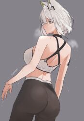 Rule 34 | 1girl, arknights, ass, bare arms, bare shoulders, black pants, breasts, commentary, english commentary, from behind, grey background, grey eyes, grey hair, hair between eyes, kal&#039;tsit (arknights), medium breasts, nuggetkouhai, pants, profile, short hair, simple background, solo, sweat