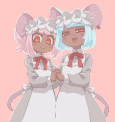 Rule 34 | 2girls, animal ears, apron, blue hair, blush stickers, daikokuten (fate), dark-skinned female, dark skin, dress, fate/grand order, fate (series), grey dress, half-closed eyes, highres, holding hands, looking at viewer, maid, maid headdress, mouse ears, mouse girl, mouse tail, multiple girls, neck ribbon, open mouth, pink background, pink hair, red ribbon, ribbon, riyo (lyomsnpmp), short hair, simple background, smile, tail