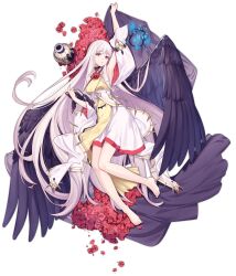Rule 34 | 1girl, absurdly long hair, ark order, armpits, barefoot, bed sheet, black wings, blue butterfly, book, bug, butterfly, cage, detached sleeves, dress, feathered wings, flower, full body, gold trim, highres, holding, holding book, holding sheet, hypnos (ark order), insect, jewelry, lan ren hui, long hair, long sleeves, looking at viewer, lying, neck flower, necklace, official art, on back, parted lips, pink flower, pink hair, red eyes, solo, sparkle, transparent background, two-tone dress, very long hair, white dress, wings, yellow dress
