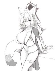 Rule 34 | 1girl, animal ears, bead bracelet, beads, bikini, blue archive, bracelet, breasts, closed mouth, commentary request, feet out of frame, flower, fox ears, fox girl, fox tail, greyscale, hair flower, hair ornament, halo, highres, huge breasts, jewelry, kouhii kitsune, long hair, looking at viewer, monochrome, navel, official alternate costume, simple background, smile, solo, swimsuit, tail, tail flower, tail ornament, thigh strap, wakamo (blue archive), wakamo (swimsuit) (blue archive)