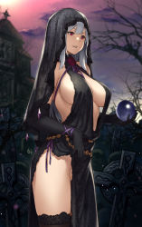 Rule 34 | 1girl, belly chain, belt, breasts, church, cleavage, crystal ball, dress, elbow gloves, gloves, graveyard, highres, houtengeki, huge breasts, jewelry, lace, lace-trimmed legwear, lace trim, long hair, original, red eyes, revealing clothes, side slit, sideboob, solo, thighhighs, v-neck, veil, white hair