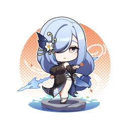 Rule 34 | 1girl, autumn leaves, black dress, blue hair, breasts, bright pupils, chibi, commentary, detached sleeves, dress, flower, full body, genshin impact, grey footwear, hair ornament, hair over one eye, highres, holding, holding polearm, holding weapon, large breasts, long hair, long sleeves, looking at viewer, no nose, official alternate costume, pelvic curtain, polearm, puffy long sleeves, puffy sleeves, shenhe (frostflower dew) (genshin impact), shenhe (genshin impact), solo, swept bangs, tassel, thighs, very long hair, warashi, weapon, white flower, white pupils