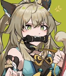 Rule 34 | 2girls, ahoge, anger vein, animal ears, bare shoulders, black shirt, blush, cat ears, cat tail, commentary, detached sleeves, gag, gagged, genshin impact, green background, green eyes, grey hair, holding, holding leash, kirara (genshin impact), leash, long hair, multiple girls, shirt, simple background, solo focus, symbol-only commentary, tail, upper body, yae miko, zhe (srmu8858)