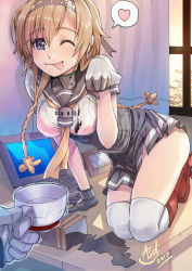 Rule 34 | 10s, asdj, blue eyes, boots, bra, braid, breasts, commentary, computer, cup, disposable coffee cup, disposable cup, gloves, hair ornament, hairband, heart, highres, kantai collection, kneehighs, kneeling, laptop, light brown hair, medium breasts, miniskirt, one eye closed, paw pose, propeller hair ornament, red bra, short hair with long locks, skirt, socks, solo, spoken heart, teruzuki (kancolle), tongue, tongue out, twin braids, underwear, wet, wet clothes, white socks