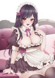 Rule 34 | 1girl, :d, apron, arm support, black dress, black hair, black thighhighs, blush, breasts, cleavage, collared dress, commentary request, couch, dress, hair ribbon, highres, long hair, looking at viewer, maid apron, maid headdress, medium breasts, multicolored hair, open mouth, original, pink hair, ribbon, sidelocks, sitting, smile, solo, streaked hair, thighhighs, tooga mashiro, two-tone hair, white background, zettai ryouiki