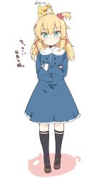 Rule 34 | 1girl, aged down, akai haato, blonde hair, blue eyes, blush, child, commentary request, crossed arms, dress, haaton (akai haato), hair ribbon, haruyuki (yukichasoba), highres, hololive, long hair, looking at viewer, ponytail, ribbon, shadow, simple background, thighhighs, virtual youtuber, white background