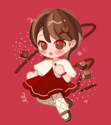 Rule 34 | blush, bracelet, brown eyes, brown footwear, brown hair, chocolate, chocolate strawberry, dress, food, fruit, hair ornament, hairclip, heart, highres, jewelry, mary janes, open mouth, original, pantyhose, polka dot, red background, red dress, rinnimel, shoes, short hair, simple background
