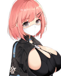 Rule 34 | 1girl, absurdres, bantian yindang, black leotard, breasts, grey eyes, highres, honkai (series), honkai impact 3rd, large breasts, leotard, looking at viewer, mask, mouth mask, pink hair, short hair, short sleeves, simple background, solo, timido cute, upper body, white background