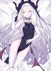 Rule 34 | 1girl, bare shoulders, blue archive, blush, breasts, dress, eyelashes, gloves, groin, hair ornament, hairclip, half-closed eyes, highres, hina (blue archive), horns, long hair, lying, nun, on back, open mouth, purple eyes, silver hair, sleeveless, small breasts, solo, thighhighs, very long hair, watosu, white gloves, white thighhighs