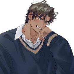 Rule 34 | 1boy, baggy clothes, bara, brown hair, dark-skinned male, dark skin, head tilt, large hands, light blush, looking at viewer, male focus, muscular, muscular male, original, short hair, sleeves past wrists, smile, solo, sweater, takayakaiti (tk049ccn), thick eyebrows, upper body, white background