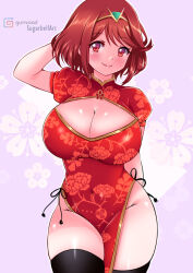 Rule 34 | alternate costume, breasts, chinese clothes, cleavage cutout, clothing cutout, large breasts, pyra (xenoblade), red eyes, red hair, sugarbell, xenoblade chronicles (series), xenoblade chronicles 2