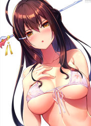 Rule 34 | 1girl, absurdres, ahoge, ara haan, ara han, artist name, bikini, bikini top only, blush, breasts, brown hair, chestnut mouth, cleavage, commentary request, covered erect nipples, dobunezumi, dutch angle, elsword, eyeliner, front-tie bikini top, front-tie top, hair between eyes, hair ornament, hair stick, hand on own chest, highres, large breasts, makeup, sakra devanam (elsword), see-through, sideboob, sidelocks, simple background, skindentation, solo, swimsuit, underboob, upper body, white bikini, yellow eyes