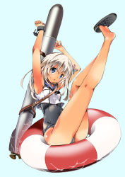 Rule 34 | 10s, 1girl, arms up, bare legs, bare shoulders, blonde hair, blue eyes, feet, flower, hair flower, hair ornament, highres, innertube, kantai collection, legs, lifebuoy, long hair, looking at viewer, open mouth, ro-500 (kancolle), school swimsuit, slippers, solo, swim ring, swimsuit, swimsuit under clothes, tan, tanline, tomatomato (tomato kanzume), torpedo