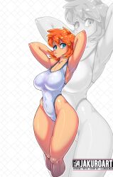 Rule 34 | 1girl, abs, armpits, arms behind head, arms up, blue eyes, breasts, covered navel, cowboy shot, creatures (company), curvy, game freak, highleg, highleg swimsuit, highres, huge breasts, jakuro art, large breasts, legs, misty (pokemon), muscular, navel, nintendo, one-piece swimsuit, open mouth, orange hair, pokemon, pokemon hgss, shiny skin, simple background, smile, standing, swimsuit, thick thighs, thighs, wide hips