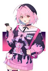 Rule 34 | 1girl, absurdres, ahoge, animal print, backpack, bag, bandaid, bandaid hair ornament, bear print, black headwear, broken heart print, cellphone, choker, collarbone, cowboy shot, cracked phone, fang, flame print, hair intakes, hair ornament, hat, heart, highres, holding, holding phone, idolmaster, idolmaster cinderella girls, idolmaster cinderella girls starlight stage, long sleeves, looking at viewer, multicolored hair, name tag, o-ring, official alternate costume, open mouth, p changgun, phone, pink eyes, pink hair, randoseru, simple background, single bare shoulder, sleeves past wrists, smartphone, thigh strap, thighs, two-tone hair, white background, x hair ornament, yumemi riamu