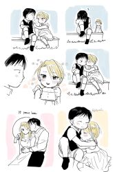 Rule 34 | 1boy, 1girl, ^ ^, age comparison, aged down, arm pillow, arm rest, bandaid, bandaid on knee, bandaid on leg, black hair, blonde hair, blush, breasts, child, cleavage, closed eyes, comforting, comic, couple, dress, faceless, faceless female, flower, fullmetal alchemist, grass, hand on another&#039;s shoulder, hetero, highres, hug, injury, jellymlk, kiss, kissing cheek, knee up, long sleeves, looking at another, medium breasts, one eye closed, partially colored, riza hawkeye, roy mustang, sad, shirt, short hair, short sleeves, silent comic, sitting, sleeveless, sleeveless dress, smile, sundress, twitter username, white dress