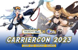 Rule 34 | 2girls, :d, aircraft, artist request, azur lane, blonde hair, blue hair, character name, collaboration, commentary, copyright name, detached sleeves, dress, english commentary, fingerless gloves, gloves, goggles, goggles on head, gradient background, hat, highres, historical name connection, holding, holding staff, hornet (azur lane), hornet ii (azur lane), jewelry, kurumi (recycllamo), logo, long hair, military rank insignia, multiple girls, name connection, necklace, official art, open mouth, original, promotional art, rigging, sailor collar, smile, staff, thigh strap, thighhighs, timestamp, twintails, uss hornet (cv-12)