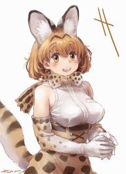 Rule 34 | 1girl, animal ears, black hair, blonde hair, blush, bow, bowtie, breasts, elbow gloves, extra ears, gloves, kemono friends, large breasts, looking at viewer, multiple girls, nyororiso (muyaa), open mouth, print bow, print bowtie, serval (kemono friends), serval print, shirt, short hair, skirt, sleeveless, sleeveless shirt, smile, solo, tail