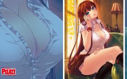 Rule 34 | 1girl, action pizazz, blue eyes, breasts, brown hair, cellphone, cleavage, highres, kuon michiyoshi, lamp, large breasts, crossed legs, long hair, official art, official wallpaper, phone, sitting, skirt, solo, thighs, very long hair, wallpaper, zoom layer
