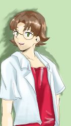 Rule 34 | 1boy, aida kensuke, brown hair, freckles, glasses, green eyes, grin, highres, looking at viewer, neon genesis evangelion, open mouth, school uniform, smile, solo, standing, unbuttoned, unbuttoned shirt