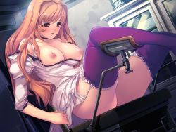 Rule 34 | 1girl, alice soft, blonde hair, blush, breasts, breasts out, brown eyes, chair, dress, embarrassed, game cg, garter straps, large breasts, leg up, legs, long hair, looking down, min-naraken, nipples, oyako rankan, sitting, solo, thighhighs, thighs