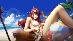 Rule 34 | ball, beach, beachball, breasts, brown eyes, bucket, can, cloud, commentary, english commentary, highres, holding, holding can, kirijou mitsuru, kuno (runkunochan), lens flare, long hair, looking to the side, medium breasts, mountain, palm tree, parted lips, persona, persona 3, red hair, sitting, sky, solo, towel, tree