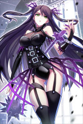 Rule 34 | 1girl, bare shoulders, black gloves, black thighhighs, bloodline, breasts, daisy (bloodline), gauntlets, gloves, green eyes, holding, holding weapon, iotower, long hair, mace, purple hair, solo, thighhighs, two side up, weapon