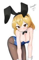 Rule 34 | 1girl, absurdres, animal ears, bandaid, bandaid on face, black pantyhose, blonde hair, blue leotard, bow, bowtie, breasts, brown eyes, cleavage, dated, detached collar, highres, kantai collection, leaning forward, leotard, maru (marg0613), medium breasts, oboro (kancolle), one-hour drawing challenge, pantyhose, playboy bunny, rabbit ears, simple background, solo, strapless, strapless leotard, twitter username, white background, wrist cuffs