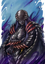 1girl arms_under_breasts black_hair black_scales black_skin blue_background clawed_hands colored_skin commentary_request completely_nude covered_eyes cropped_legs crossed_arms dragon_girl dragon_wings extra_arms gore_magala long_hair maxa&#039; mixed-language_commentary monster_girl monster_hunter_(series) nude personification red_lips smile smoke spiked_arm standing wings