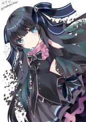 Rule 34 | 1girl, bad id, bad pixiv id, black bow, black hair, black shirt, blue bow, blue eyes, blush, bow, closed mouth, clothing cutout, copyright request, dated, green hair, grey skirt, hair bow, long hair, long sleeves, multicolored hair, nanase nao, pleated skirt, shirt, shoulder cutout, skirt, smile, solo, striped, striped bow, twitter username, two-tone hair, very long hair, white background