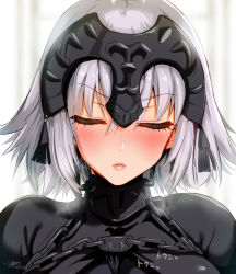 Rule 34 | 1girl, black dress, blurry, blurry background, blush, chain, closed eyes, closed mouth, commentary request, depth of field, dress, facing viewer, fate/apocrypha, fate/grand order, fate (series), hair between eyes, headpiece, heart, heavy breathing, incoming kiss, jeanne d&#039;arc (fate), jeanne d&#039;arc alter (avenger) (fate), jeanne d&#039;arc alter (fate), kojima saya, lips, nose blush, short hair, signature, silver hair, solo, translation request