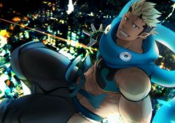 Rule 34 | 1boy, abs, bara, bare shoulders, black pants, blonde hair, blue scarf, chest harness, cityscape, crow (siranui), harness, highres, horns, jiraiya (housamo), large pectorals, looking at viewer, male focus, muscular, muscular male, pants, pectorals, scarf, short hair, sideburns, skin-covered horns, smile, solo, stomach, thick thighs, thighs, tight clothes, tokyo houkago summoners